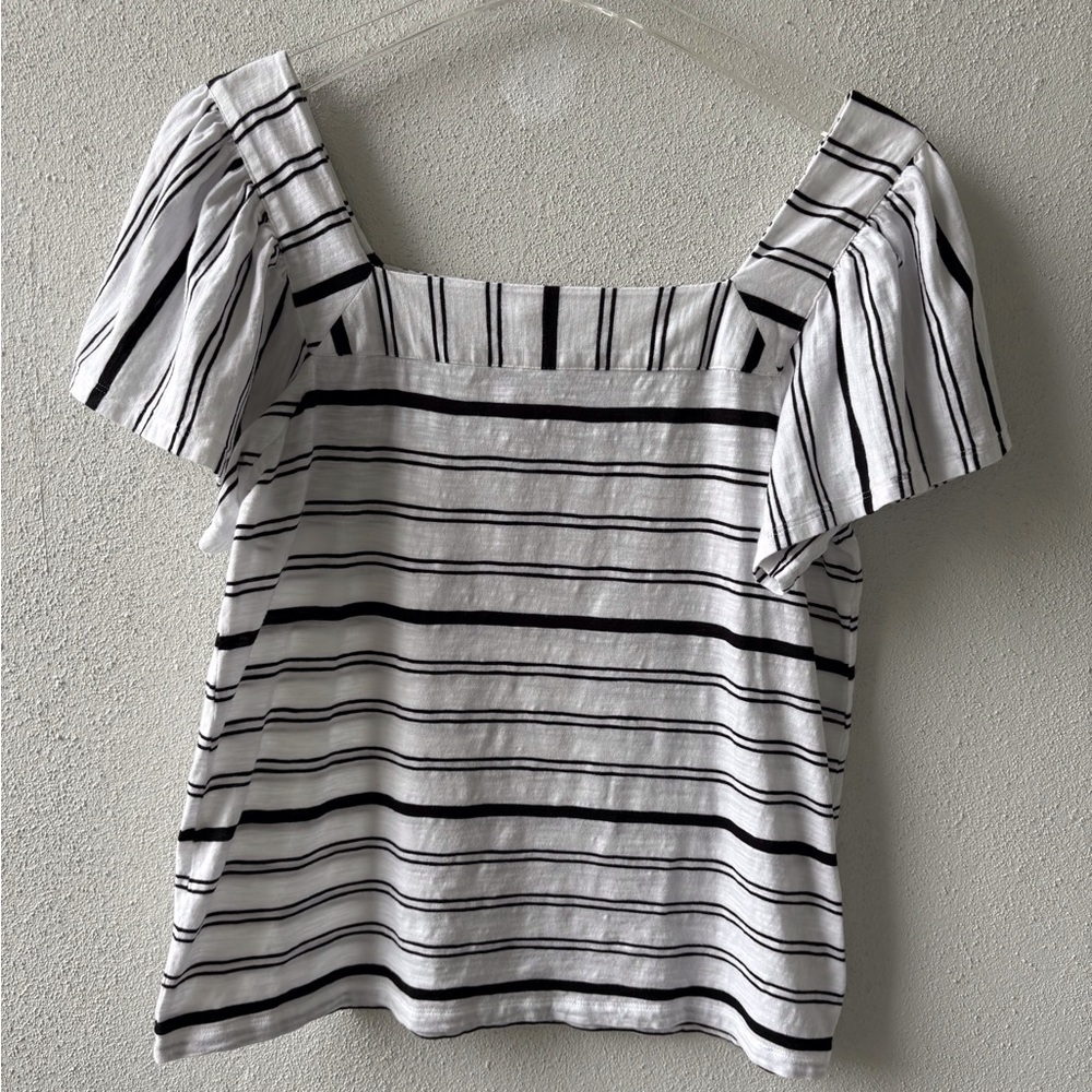 Vince Camuto 100% Cotton Size M Square Neck Short Sleeve Black/White Stripe Tee